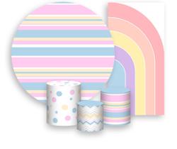 Kit Painel De Festa Trio Capa Cilindro Faixa Veste Fácil, Listras em Tons Pastéis 054