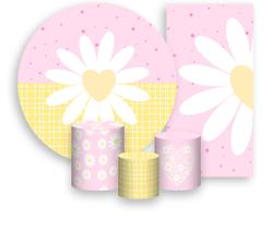 Kit Painel De Festa + Trio Capa Cilindro + Faixa Veste Fácil - Margarida Rosa e Amarelo 040