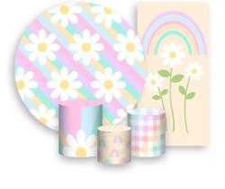 Kit Painel De Festa + Trio Capa Cilindro + Faixa Veste Fácil - Margaridas Listras Coloridas 041