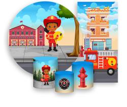 Kit Painel De Festa + Trio Capa Cilindro + Faixa Veste Fácil - Menina Bombeira Cute 004