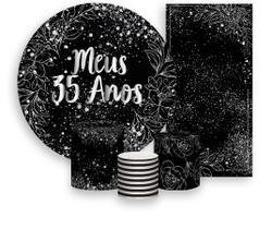 Kit Painel De Festa + Trio Capa Cilindro + Faixa Veste Fácil - Meus 35 Anos Efeito Brilhos Prateados 038
