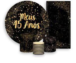Kit Painel De Festa + Trio Capa Cilindro + Faixa Veste Fácil - Meus 45 Anos Efeito Brilhos Dourados 033