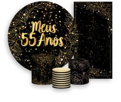 Kit Painel De Festa + Trio Capa Cilindro + Faixa Veste Fácil - Meus 55 Anos Efeito Brilhos Dourado 029