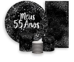 Kit Painel De Festa + Trio Capa Cilindro + Faixa Veste Fácil - Meus 55 Anos Efeito Brilhos Prateados 030