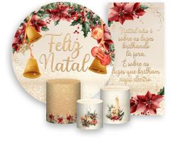 Kit Painel De Festa + Trio Capa Cilindro + Faixa Veste Fácil - Natal Elegante Flores Vermelhas Sinos 010