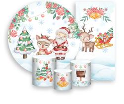 Kit Painel De Festa + Trio Capa Cilindro + Faixa Veste Fácil - Papai Noel Cute Aquarela 007