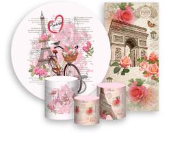 Kit Painel De Festa + Trio Capa Cilindro + Faixa Veste Fácil - Paris Floral Torre Eiffel 001