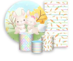Kit Painel De Festa + Trio Capa Cilindro + Faixa Veste Fácil - Páscoa Coelhinhos Cenoura Cute 002 Kit Painel De Festa + Trio Capa Cilindro + Faixa Veste Fácil - Páscoa Coelhinhos Cenoura Cute 002