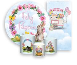 Kit Painel De Festa + Trio Capa Cilindro + Faixa Veste Fácil - Páscoa Coelhos Aquarela 001