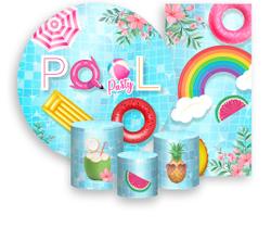 Kit Painel De Festa, Trio Capa Cilindro, Faixa Veste Fácil, Pool Party Piscina e Frutas 005
