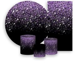 Kit Painel De Festa Trio Capa Cilindro Faixa Veste Fácil, Preto Efeito Glitter Lilás 046