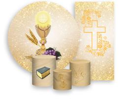 Kit Painel De Festa + Trio Capa Cilindro + Faixa Veste Fácil - Primeira Comunhão Bege 005