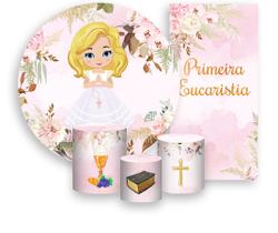 Kit Painel De Festa + Trio Capa Cilindro + Faixa Veste Fácil - Primeira Eucaristia Menina Loira 007 Kit Painel De Festa + Trio Capa Cilindro + Faixa Veste Fácil - Primeira Eucaristia Menina Loira 007