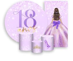 Kit Painel De Festa Trio Capa Cilindro Faixa Veste Fácil, Princesa 18 Anos lilás 083 Kit Painel De Festa Trio Capa Cilindro Faixa Veste Fácil, Princesa 18 Anos lilás 083