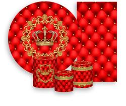 Kit Painel De Festa + Trio Capa Cilindro + Faixa Veste Fácil - Realeza Coroa Vermelho e Dourado 004 Kit Painel De Festa + Trio Capa Cilindro + Faixa Veste Fácil - Realeza Coroa Vermelho e Dourado 004