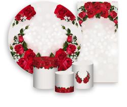 Kit Painel De Festa Trio Capa Cilindro Faixa Veste Fácil, Rosas Vermelhas 018