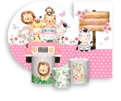 Kit Painel De Festa + Trio Capa Cilindro + Faixa Veste Fácil - Safari Rosa Poás 009