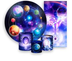Kit Painel De Festa + Trio Capa Cilindro + Faixa Veste Fácil - Sistema Solar Galáxia Planetas 005