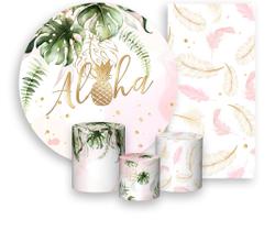 Kit Painel De Festa + Trio Capa Cilindro + Faixa Veste Fácil - Tropical Aloha Aquarela Rosa 006