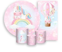 Kit Painel De Festa + Trio Capa Cilindro + Faixa Veste Fácil - Unicórnio Aquarela Arco-Íris 005