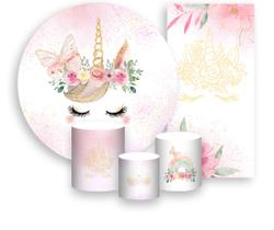 Kit Painel De Festa + Trio Capa Cilindro + Faixa Veste Fácil - Unicórnio Tons Pastéis 003