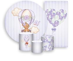 Kit Painel De Festa + Trio Capa Cilindro + Faixa Veste Fácil - Ursinha Baloeira Lilás 010