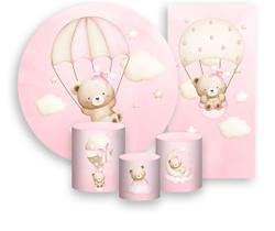 Kit Painel De Festa + Trio Capa Cilindro + Faixa Veste Fácil - Ursinha Baloeira Rosa Paraquedas 030