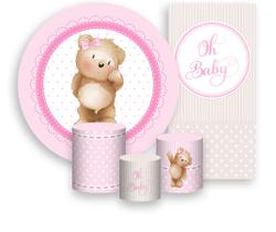 Kit Painel De Festa + Trio Capa Cilindro + Faixa Veste Fácil - Ursinha Cute Rosa Claro 018