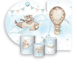 Kit Painel De Festa + Trio Capa Cilindro + Faixa Veste Fácil - Ursinho Aviador Azul o Tempo Voa 007 Kit Painel De Festa + Trio Capa Cilindro + Faixa Veste Fácil - Ursinho Aviador Azul o Tempo Voa 007