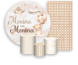 Kit Painel De Festa + Trio Capa Cilindro + Faixa Veste Fácil - Ursinho Bege Revelação Menino ou Menina 011