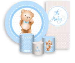 Kit Painel De Festa + Trio Capa Cilindro + Faixa Veste Fácil - Ursinho Cute Azul Claro 012