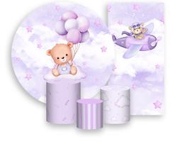 Kit Painel De Festa Trio Capa Cilindro Faixa Veste Fácil, Ursinho de Pelúcia Lilás 036 Kit Painel De Festa Trio Capa Cilindro Faixa Veste Fácil, Ursinho de Pelúcia Lilás 036