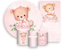 Kit Painel De Festa + Trio Capa Cilindro + Faixa Veste Fácil - Ursinho Rosa Aquarela Florido 014 Kit Painel De Festa + Trio Capa Cilindro + Faixa Veste Fácil - Ursinho Rosa Aquarela Florido 014