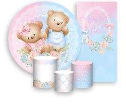 Kit Painel De Festa + Trio Capa Cilindro + Faixa Veste Fácil - Ursinhos Cute Azul e Rosa Revelação 010