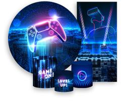 Kit Painel De Festa + Trio Capa Cilindro + Faixa Veste Fácil - Video Game Cidade Azul 002 Kit Painel De Festa + Trio Capa Cilindro + Faixa Veste Fácil - Video Game Cidade Azul 002