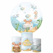 Kit Painel Redondo + Trio Capa Cilindro Fundo Do Mar Aquarela