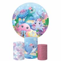 Kit Painel Redondo + Trio Capa Cilindro Fundo Do Mar Rosa Kit Painel Redondo + Trio Capa Cilindro Fundo Do Mar Rosa