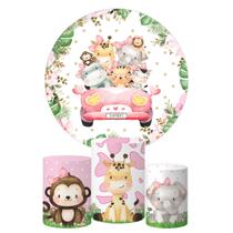 Kit Painel Redondo + Trio Capa Cilindro Safari Aquarela Rosa Kit Painel Redondo + Trio Capa Cilindro Safari Aquarela Rosa