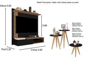 Kit Painel TV até 32P Dallas Preto / Freijó e 3 Mesas Pés Palito Preto - JM Casa dos Moveis