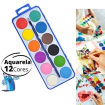 Kit Paleta de tintas aquarela 12 cores 1 pincel escolar papelaria criativa - Filó modas