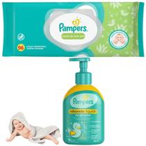 Kit Pampers Baby Sabonete Liquido Lenços Umedecidos Bebê 96 Glicerina Lenços Aloe Vera Hipoalergênica