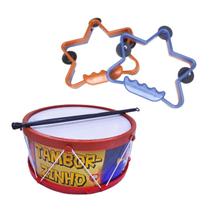 Kit Pandeiro Estrela e Tambor Maluco Infantil Colorido Musical