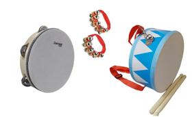 Kit Pandeiro Infantil 8" Madeira + Par Chocalhos + Tambor Kit Pandeiro Infantil 8" Madeira + Par Chocalhos + Tambor