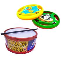 Kit Pandeirola e Tambor Maluco Infantil Colorido Musical Instrumentos Musicais Educacional