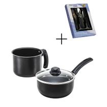 Kit Panela 16 cm preto antiaderente com tampa de vidro e fervedor 14 cm preto antiaderente + Cj Talher 25 peças