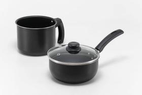 Kit Panela 16 cm preto antiaderente com tampa de vidro e fervedor 14 cm preto antiaderente com 5 camadas teflon