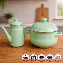 Kit Panela Caçarola 3,6L e Bule 1,2L Ferro Fundido Esmaltado Verde Jade Charm Kit Panela Caçarola 3,6L e Bule 1,2L Ferro Fundido Esmaltado Verde Jade Charm