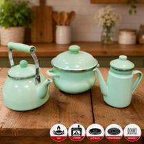 Kit Panela Caçarola Chaleira Bule Esmaltada Jade Verde 3,6L 2,5L e 1,2L Kit Panela Caçarola Chaleira Bule Esmaltada Jade Verde 3,6L 2,5L e 1,2L