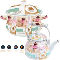 Kit Panela Caçarola Chaleira Cake Esmaltados Indução Vintage Kit Panela Caçarola Chaleira Cake Esmaltados Indução Vintage