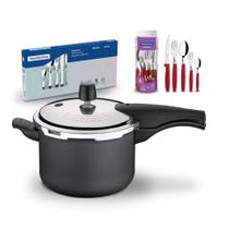 KIT - Panela de Pressão 4,5 Grafite + 1 Faqueiro Vermelho 30pç + 1 Faqueiro Inox 24pç - Tramontina KIT - Panela de Pressão 4,5 Grafite + 1 Faqueiro Vermelho 30pç + 1 Faqueiro Inox 24pç - Tramontina